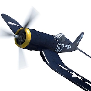 May include: A dark blue airplane with a yellow engine casing and white markings, including the number "167" and arrows on the wings. The propeller is blurred, indicating motion. The plane is angled slightly upward.