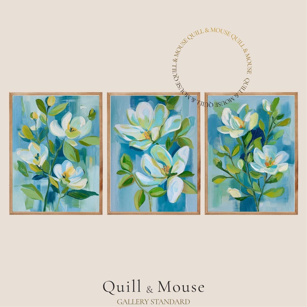 Coastal Floral Wall Art Set of 3 Blue Botanical Triptych Art Prints ...