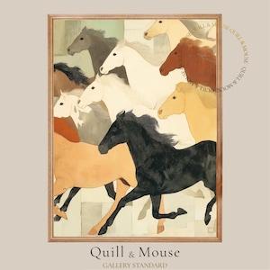 Running Horses Art Print Large Textured Abstract Horse Art  Mid-Century Folk Style Printable Art Digital Download