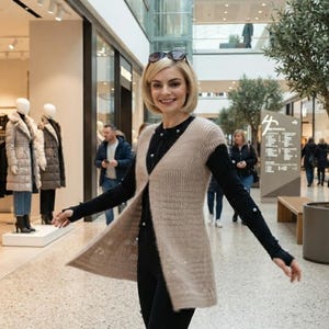 Peut inclure: Un gilet sans manches en tricot beige porté sur un haut noir à manches longues avec des ouvertures pour les pouces et un pantalon noir. Le gilet présente une texture côtelée et une fermeture à bouton unique. Le pantalon noir est orné de petits pois blancs.