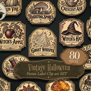May include: A collection of 80 decorative potion labels featuring vintage-style illustrations of ghosts, pumpkins, witch hats, skulls, and apples. Each label includes text such as Ghost Whisper, Witch's Apple, and Toadstool Spores on a dark background.