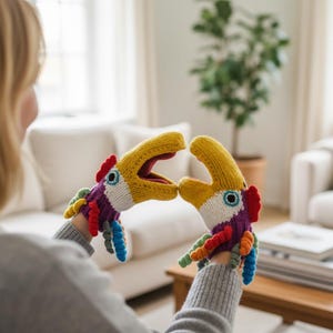 May include: A pair of colorful knitted bird hand puppets. The puppets have yellow beaks, red crests, and multi-colored feathers. The puppets are held up in front of a person, with a neutral background of a living room.