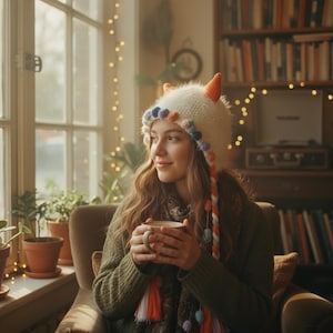 Puede incluir: Una mujer con un gorro de punto blanco con pompones coloridos y cuernos naranjas, sosteniendo una taza. Está sentada en un sillón acogedor cerca de una ventana con plantas y luces de cadena. La habitación tiene un ambiente cálido.