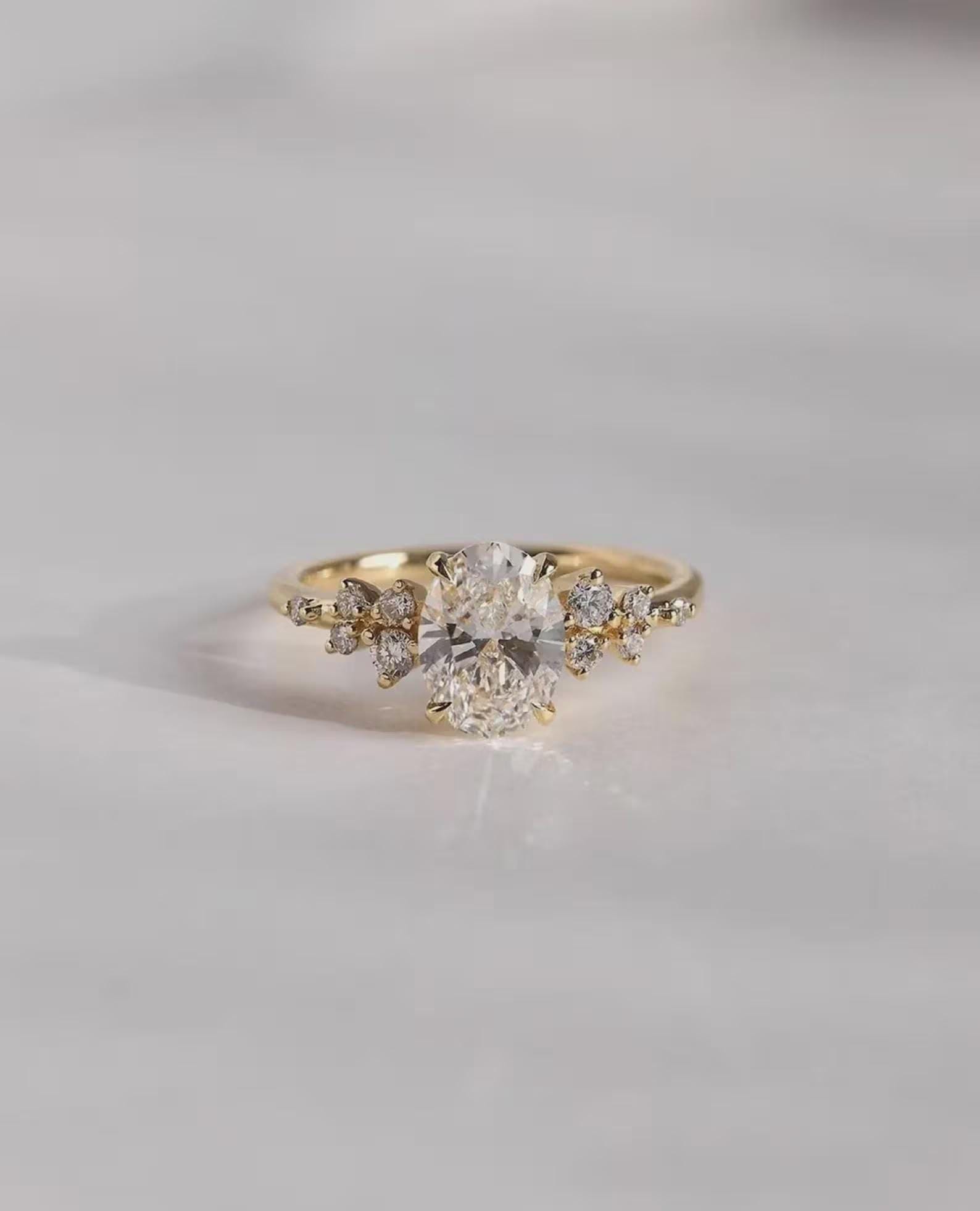 Oval Cut Moissanite Engagement Ring 14K Solid Gold Dainty Cluster ...
