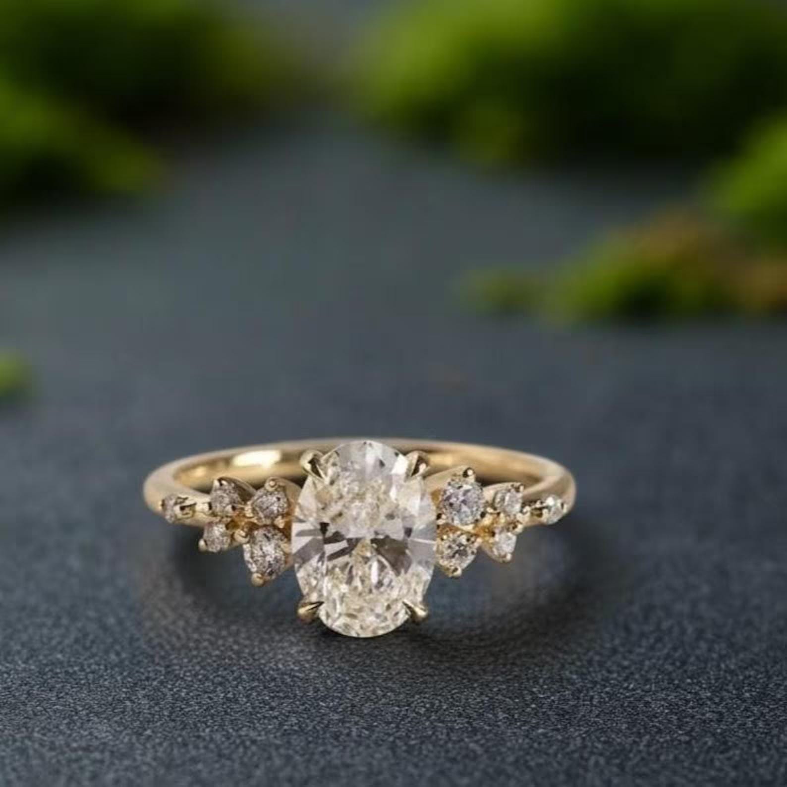 Oval Cut Moissanite Engagement Ring 14K Solid Gold Dainty Cluster ...