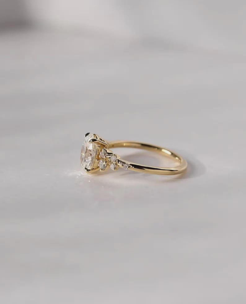 Oval Cut Moissanite Engagement Ring 14K Solid Gold Dainty Cluster ...