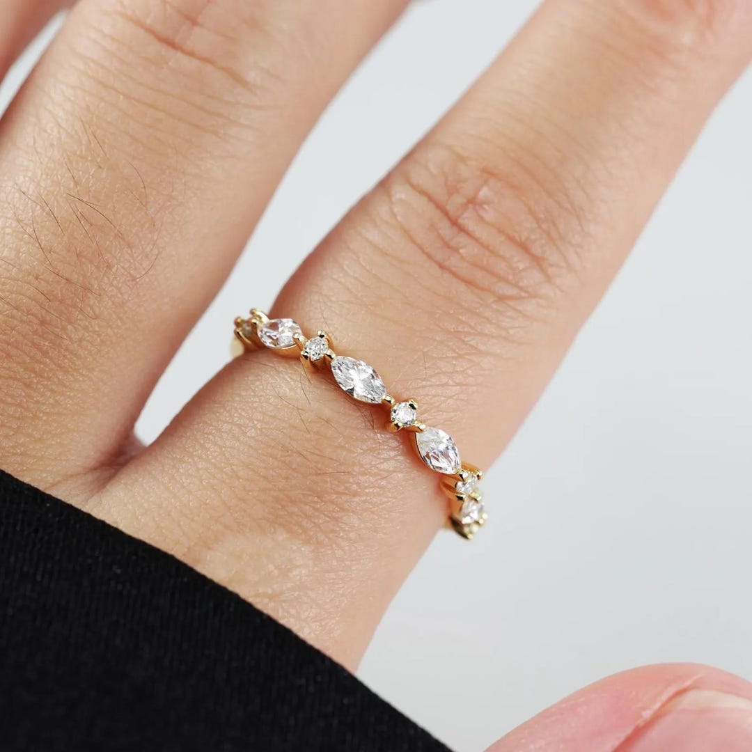 Marquise & Round Cut Moissanite Half Eternity Band 14K Solid Gold Women ...