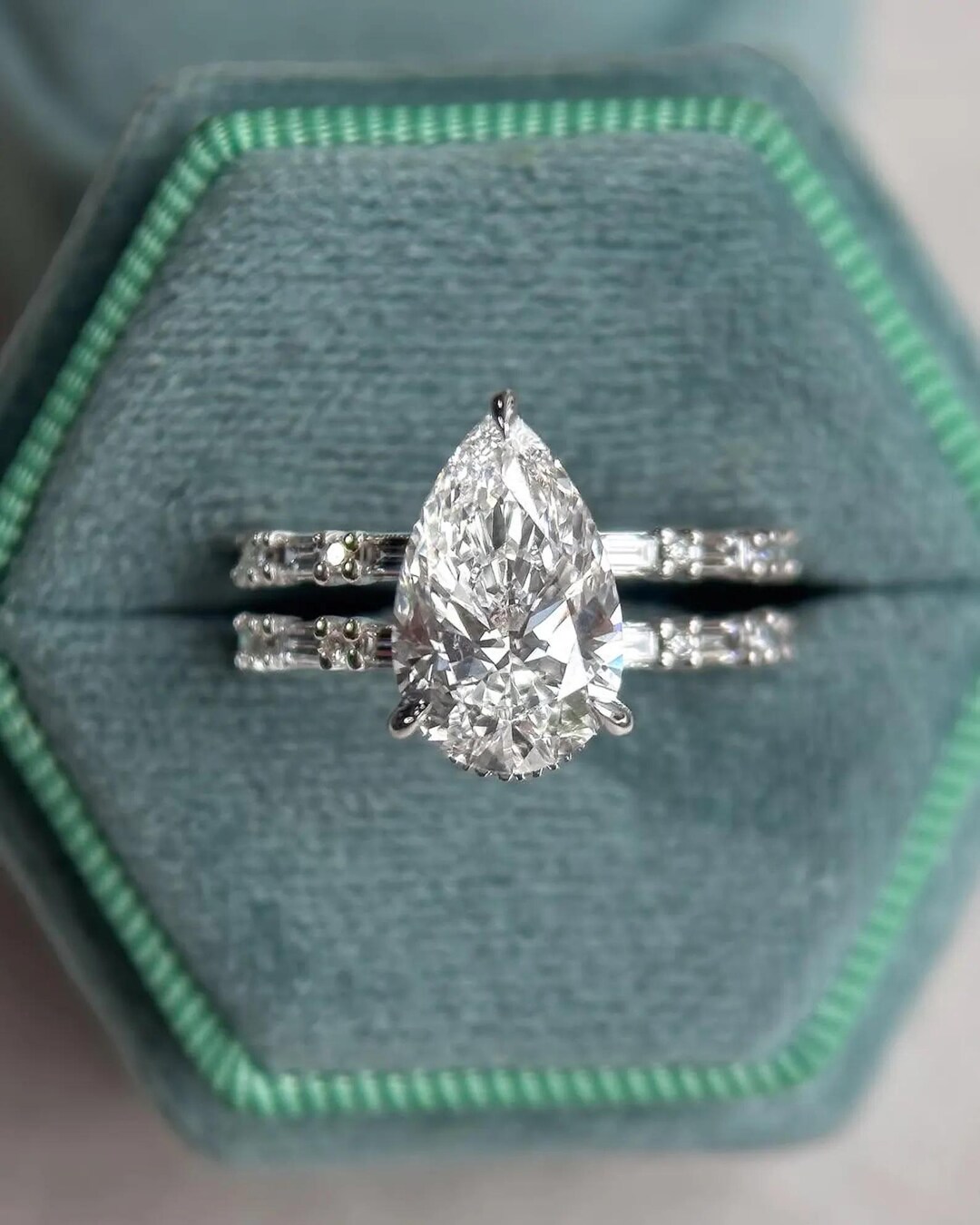 Pear Cut Moissanite Engagement Ring Set 14K Solid Gold Vintage Ring Set ...