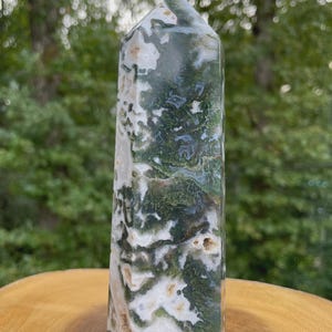 May include: A tall, rectangular moss agate crystal point. The polished stone features a mix of green, white, and tan patterns. The crystal is displayed on a wooden surface with a blurred green background.