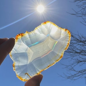 Rainbow Iris Agate Slab: Thinly Sliced Crystal Display (3.35x2.21x0.10 inches)
