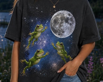 Frogs Jumping To The Moon Shirt, Whimsical Galaxy Frog Oversized Dark Tee