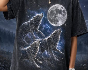 Wolves Howling At The Moon Shirt, Wild Galaxy Wolf Oversized Dark Tee