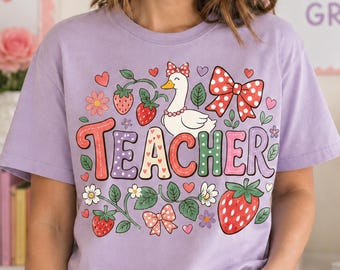 Coquette Teacher T-Shirt, Strawberry Floral Cotton Tee, Cute Teacher Appreciation Back to School Gift