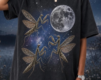 Praying Mantis Galaxy Moon Shirt, Winged Mantis Oversized Dark Tee