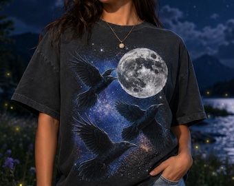 Flying Ravens Moon Galaxy Shirt, Gothic Crow Oversized Dark Tee