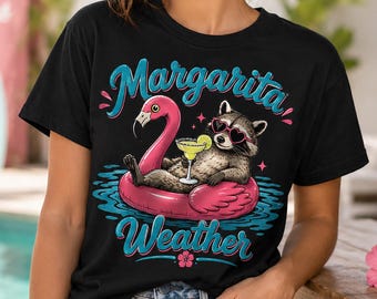 Margarita Weather Raccoon T-Shirt, Funny Pink Flamingo Float Summer Graphic Tee, Beach Shirt