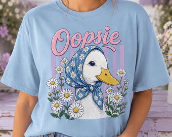 Oopsie Daisy Duck T-Shirt, Cute Cottagecore Floral Purple Striped Graphic Tee for Women