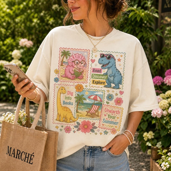 Dinosaur Reading Shirt, Summer Book Club Tee, Teacher Reading Graphic Shirt, Book Lover Gift Tee, Cute Dino Literacy Shirt