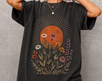 Wildflower Sun Shirt, Boho Floral Graphic Tee, Vintage Botanical Tshirt, Retro Nature Shirt, Comfort Colors Gift