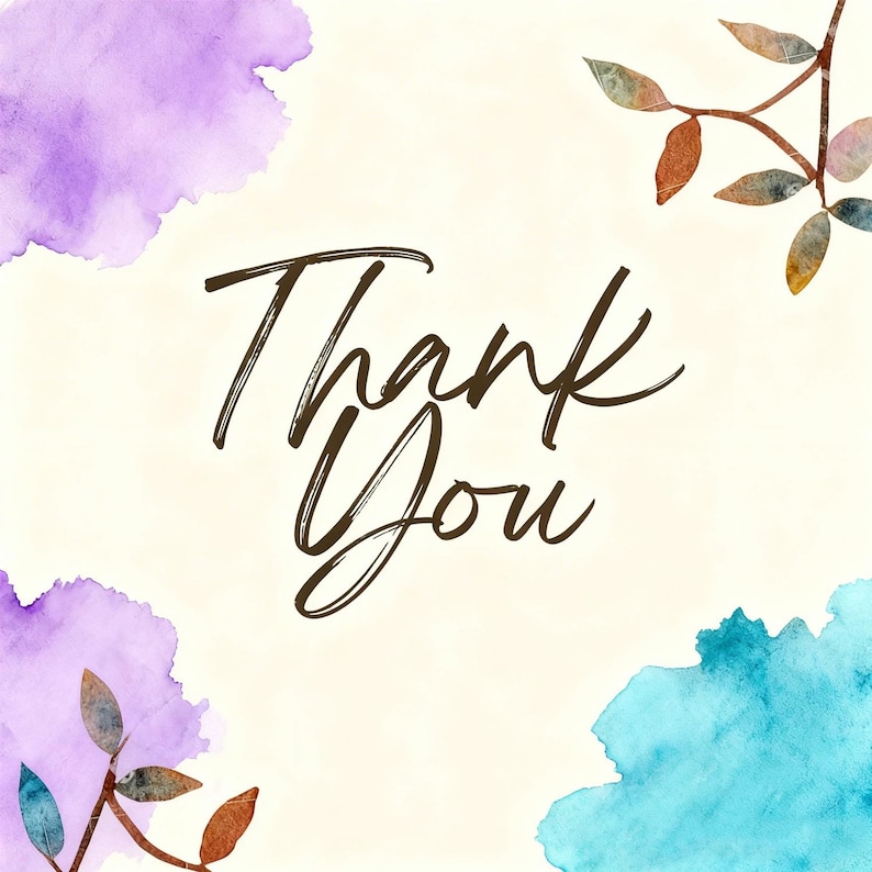 K&ouml;nnte beinhalten: Cremefarbene Karte mit den Worten "Thank You" in dunkelbrauner Schrift. Die Karte hat Aquarellakzente in Lila, Blau und T&uuml;rkis, mit dekorativen Zweigen und Bl&auml;ttern.
