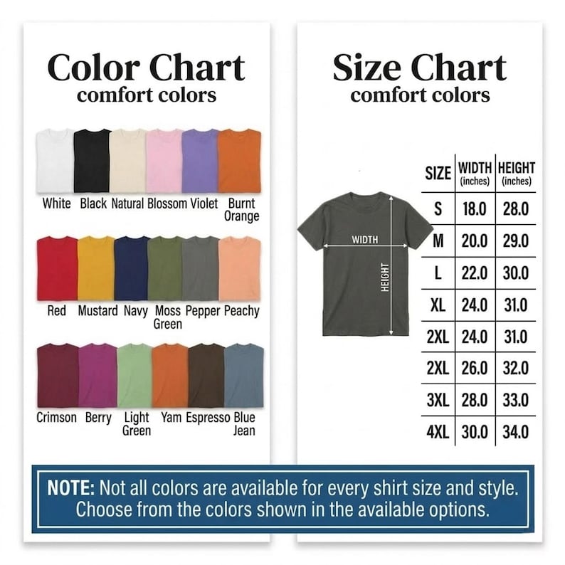 K&ouml;nnte beinhalten: Eine Farbkarte und Gr&ouml;&szlig;entabelle f&uuml;r Comfort Colors T-Shirts. Die Farbkarte zeigt verschiedene T-Shirt-Farben, darunter Wei&szlig;, Schwarz, Rot und Marineblau. Die Gr&ouml;&szlig;entabelle zeigt die Ma&szlig;e in Zentimetern f&uuml;r die Gr&ouml;&szlig;en S bis 4XL. Der Text "HINWEIS: Nicht alle Farben sind f&uuml;r jede Shirtgr&ouml;&szlig;e und jeden Stil verf&uuml;gbar" ist ebenfalls enthalten.