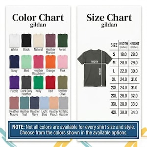 K&ouml;nnte beinhalten: Eine Farbkarte und Gr&ouml;&szlig;entabelle f&uuml;r Gildan-Shirts. Die Farbkarte zeigt verschiedene Shirtfarben, darunter Wei&szlig;, Schwarz, Marineblau und Rot. Die Gr&ouml;&szlig;entabelle zeigt die Shirtma&szlig;e in Zoll f&uuml;r die Gr&ouml;&szlig;en S bis 4XL mit Breiten- und H&ouml;henangaben.