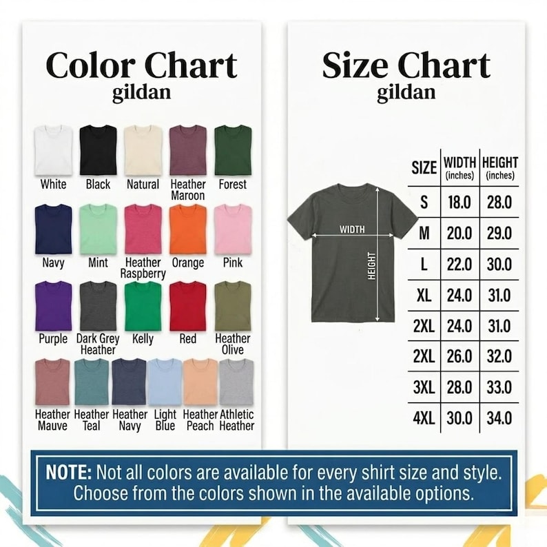 K&ouml;nnte beinhalten: Eine Farbkarte und Gr&ouml;&szlig;entabelle f&uuml;r Gildan-Shirts. Die Farbkarte zeigt verschiedene Shirtfarben, darunter Wei&szlig;, Schwarz, Marineblau und Rot. Die Gr&ouml;&szlig;entabelle zeigt die Shirtma&szlig;e in Zoll f&uuml;r die Gr&ouml;&szlig;en S bis 4XL mit Breiten- und H&ouml;henangaben.