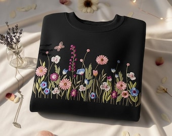 Embroidered Wildflower Sweatshirt, Colorful Floral Garden Crewneck, Cute Flower Top