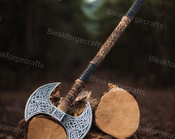 Custom Handmade Viking Double Headed Axe – Engraved Steel Blade, Ash Wood Handle.