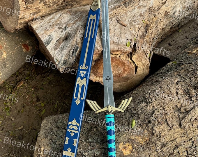 Blue Zelda Sword Replica | Hand-Forged Fantasy Steel Blade with Scabbard | Collectible Gift for Him.