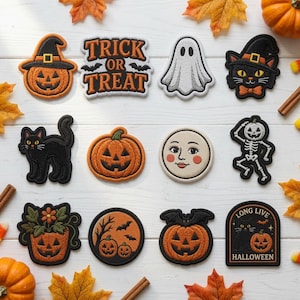 May include: A collection of twelve embroidered Halloween patches featuring a jack-o'-lantern with a witch hat, a Trick or Treat sign, a ghost, a black cat in a witch hat, a black cat, a pumpkin, a moon face, a skeleton, a pumpkin planter, a bat scene, a bat pumpkin, and a Long Live Halloween sign.