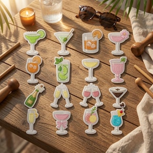 May include: A collection of sixteen embroidered patches featuring various cocktail and beverage designs, including margaritas, champagne flutes, and tropical drinks with garnishes like lime slices, orange wedges, and mint leaves.