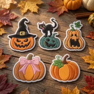 May include: Five embroidered patches featuring Halloween themes: an orange jack-o'-lantern with a black witch hat, a black cat on a teal pumpkin, a carved orange pumpkin, an orange pumpkin with a pink bow, and an orange pumpkin with green leaves.