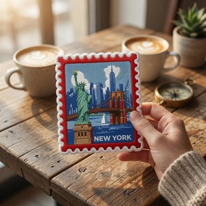 May include: A rectangular embroidered patch shaped like a postage stamp with a red border. The design features the Statue of Liberty, the Brooklyn Bridge, and the New York City skyline against a blue sky. The text NEW YORK is printed in white.