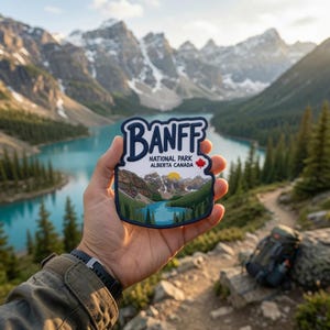 May include: A fabric patch featuring a graphic illustration of a mountain landscape with a lake, a yellow sun, and a red maple leaf. The text reads BANFF NATIONAL PARK ALBERTA CANADA in dark blue lettering against a white background with a blue border.
