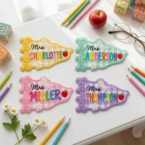 Personalized Teacher Name Embroidered Patch, Custom Gingham Pennant Iron On Badge, Cute Apple Daisy Floral Script Label