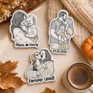 May include: Three custom embroidered patches featuring line art illustrations. One shows a person holding a baby with the text "Mom ❤ Harry". Another depicts a family of three with the date "01.24.2026". The third shows a person hugging a dog with the text "forever loved".