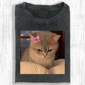 Angry Cute Cat with Pink Bow Comfort Colors Shirt, Funny Grumpy Kitty Tee, Aesthetic Cat Lover Gift, Kawaii Meme Cat T-Shirt