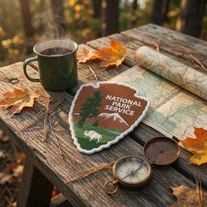 National Park Service Embroidered Patch, Vintage Arrowhead Bison Mountain Iron On Badge, Outdoor Hiking Backpack Souvenir Label