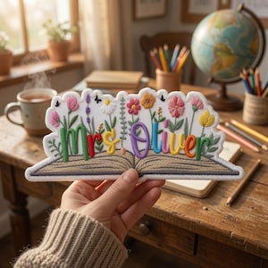 Personalized Teacher Name Embroidered Patch, Custom Floral Open Book Iron On Badge, Cute Back to School Tote Bag Gift Label