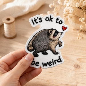 May include: An embroidered patch with a white background featuring a brown and black raccoon illustration. The text reads 'it's ok to be weird' in black letters, accompanied by a small red heart. The patch has a die-cut shape with a white border.