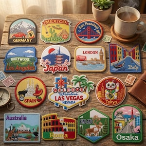 World Cities Travel Embroidered Patch, Vintage Country Vacation Iron On Badge, Japan London Las Vegas Backpack Apparel Souvenir Label