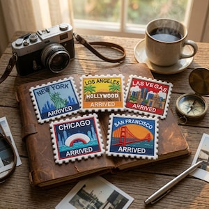 US Cities Travel Stamp Embroidered Patch, Vintage America Vacation Iron On Badge, New York California Backpack Clothing Souvenir Label