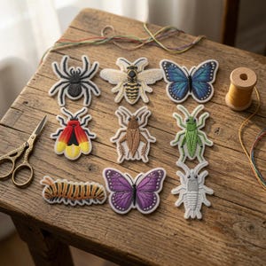Vintage Insects Butterflies Embroidered Patch, Cute Retro Bee Spider Iron On Badge, Nature Caterpillar Grasshopper Backpack Label