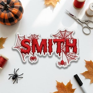 Personalized Halloween Name Embroidered Patch, Custom Spooky Spiderweb Iron On Badge, Red Dripping Horror Costume Backpack Label