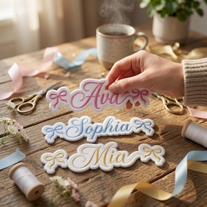 Personalized Coquette Bow Name Embroidered Patch, Custom Script Text Iron On Badge, Cute Pastel Ribbon Princess Backpack Apparel Label