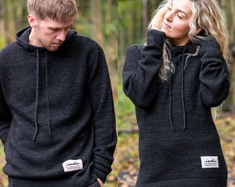 Chunky Knit Hoodie in Charcoal/Black - Unisex Sustainable Streetwear - Lightweight Breathable