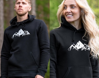Mountains Print Pullover Hoodie in Black - Unisex Sustainable Streetwear - Double Lined Hood