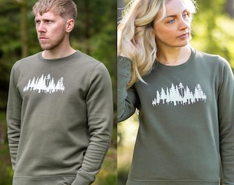 Forest Print Sweater in Khaki - Unisex Sustainable Streetwear - Classic Crew Neck