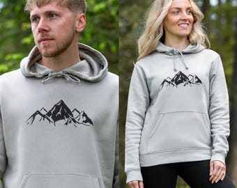 Mountains Print Pullover Hoodie in Light Grey - Unisex Sustainable Streetwear - Double Lined Hood